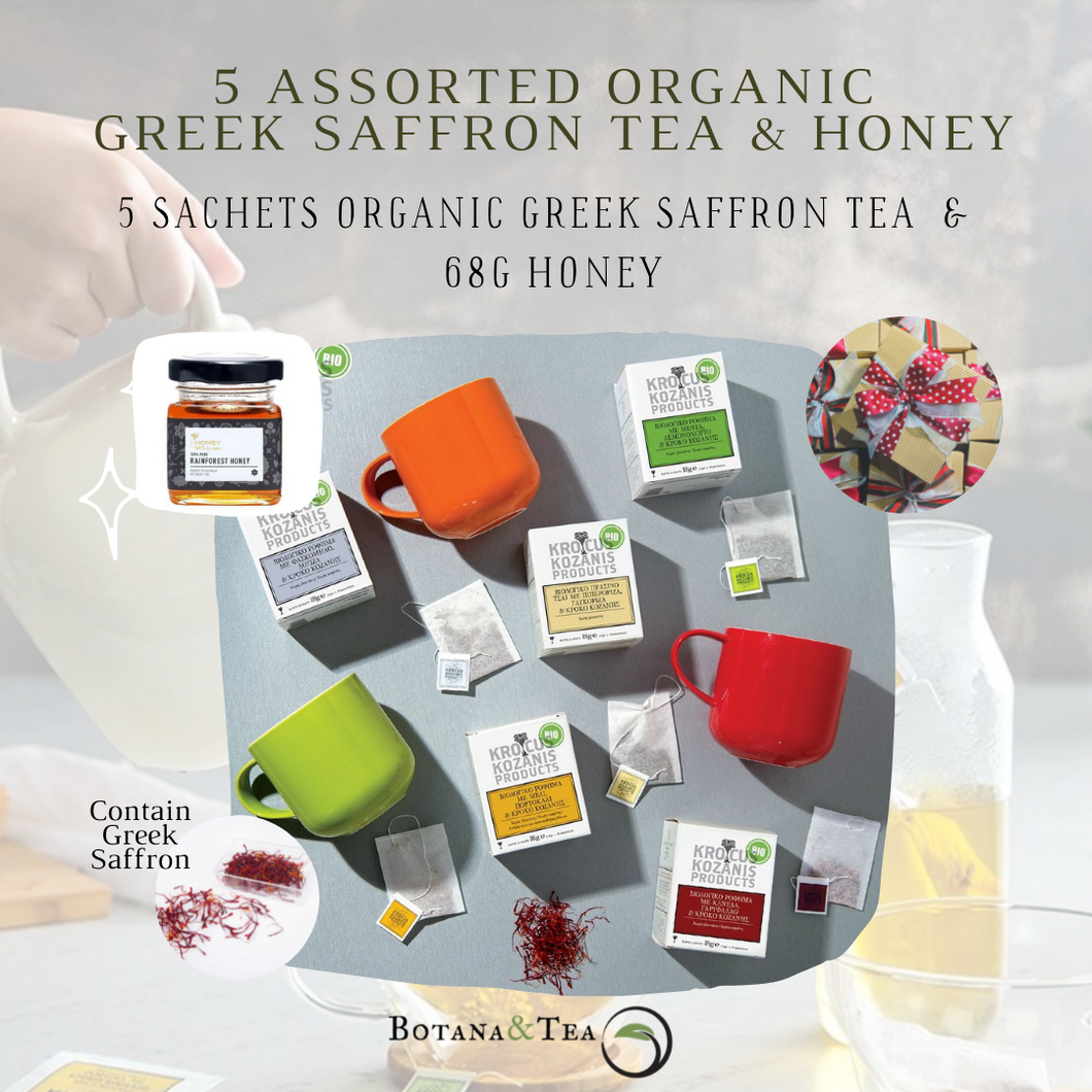 5 sachets assorted organic saffron tea and honey